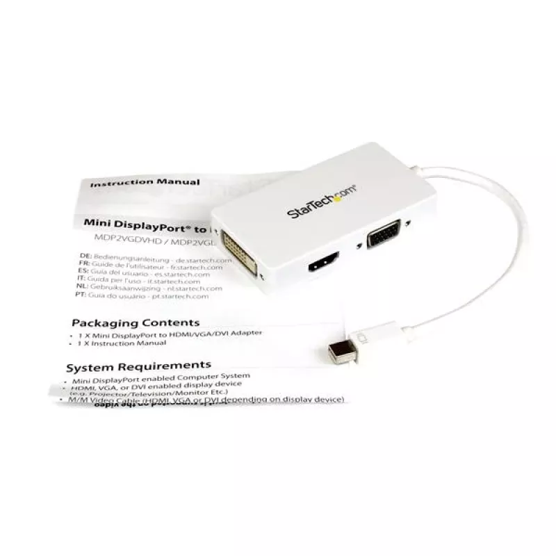 StarTech.com kelioninis garso ir vaizdo adapteris: 3-in-1 Mini DisplayPort į VGA DVI arba HDMI keitiklis - Baltas