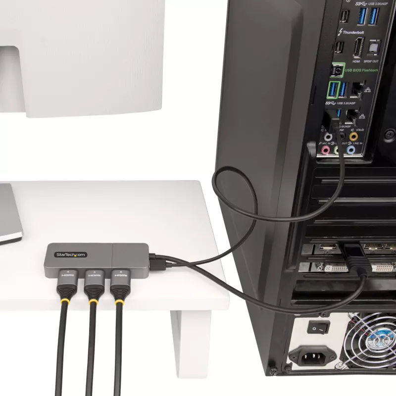 “StarTech.com” 3 prievadų MST šakotuvas – DisplayPort į 3 HDMI, trigubi 4K 60Hz monitoriai, DP 1.4 kelių monitorių vaizdo adapteris, 1 pėdos (30 cm) integruotas laidas, maitinamas per USB, tik “Windows”