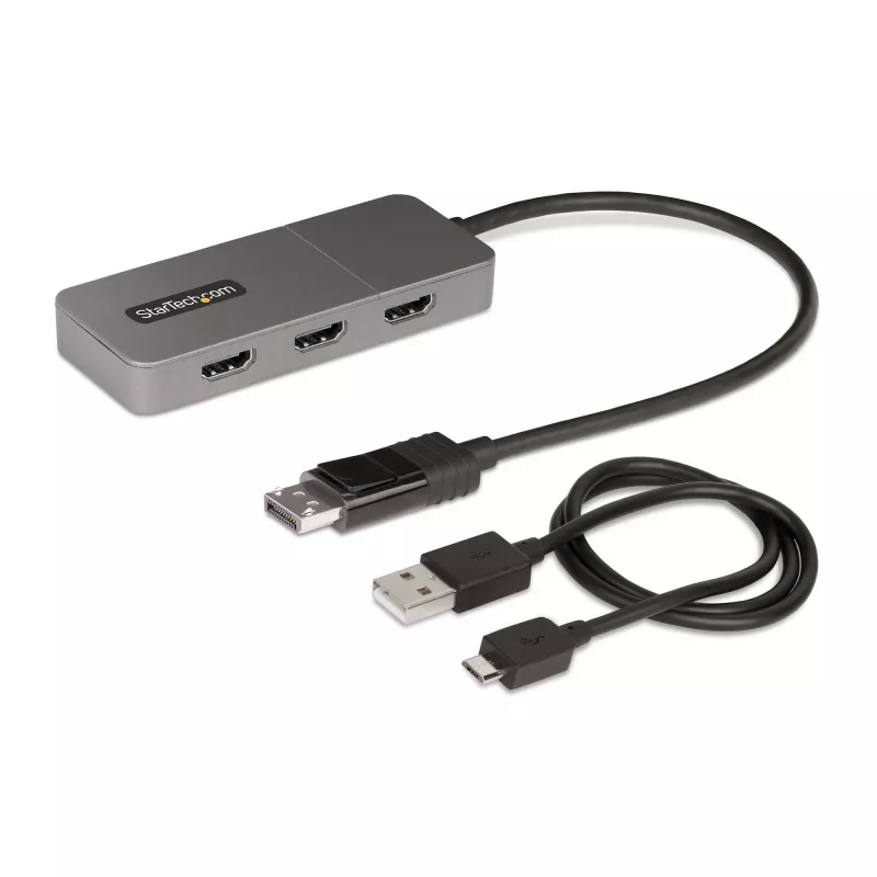 “StarTech.com” 3 prievadų MST šakotuvas – DisplayPort į 3 HDMI, trigubi 4K 60Hz monitoriai, DP 1.4 kelių monitorių vaizdo adapteris, 1 pėdos (30 cm) integruotas laidas, maitinamas per USB, tik “Windows”