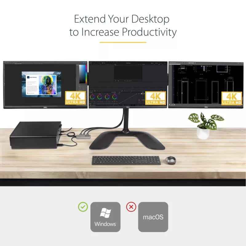 “StarTech.com” 3 prievadų MST šakotuvas – DisplayPort į 3 HDMI, trigubi 4K 60Hz monitoriai, DP 1.4 kelių monitorių vaizdo adapteris, 1 pėdos (30 cm) integruotas laidas, maitinamas per USB, tik “Windows”
