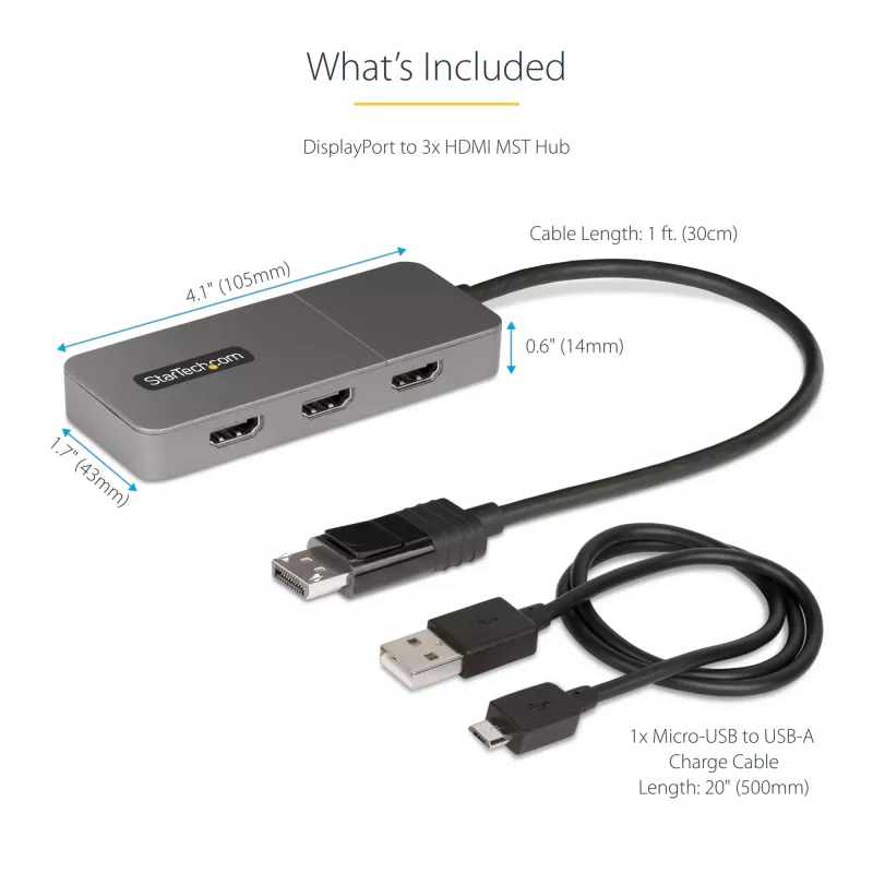 “StarTech.com” 3 prievadų MST šakotuvas – DisplayPort į 3 HDMI, trigubi 4K 60Hz monitoriai, DP 1.4 kelių monitorių vaizdo adapteris, 1 pėdos (30 cm) integruotas laidas, maitinamas per USB, tik “Windows”