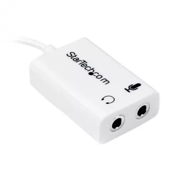 StarTech.com baltas ausinių adapteris, skirtas ausinėms su atskirais ausinių / mikrofono kištukais – 3,5 mm 4 kontaktų į 2x 3 kontaktų 3,5 mm M/F