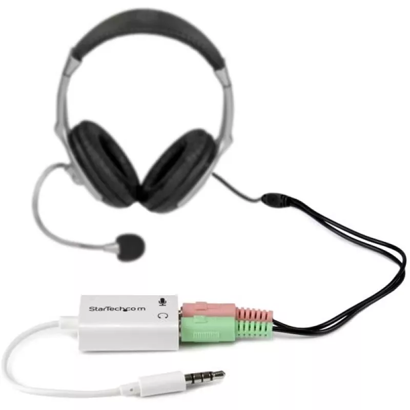 StarTech.com baltas ausinių adapteris, skirtas ausinėms su atskirais ausinių / mikrofono kištukais – 3,5 mm 4 kontaktų į 2x 3 kontaktų 3,5 mm M/F