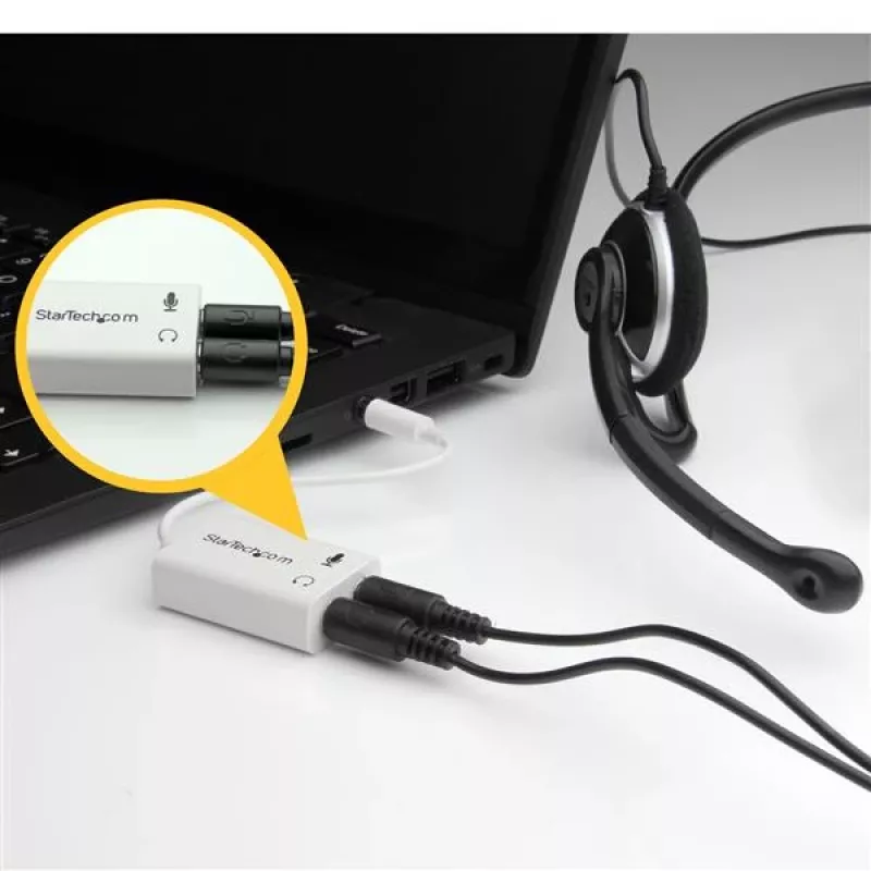 StarTech.com baltas ausinių adapteris, skirtas ausinėms su atskirais ausinių / mikrofono kištukais – 3,5 mm 4 kontaktų į 2x 3 kontaktų 3,5 mm M/F