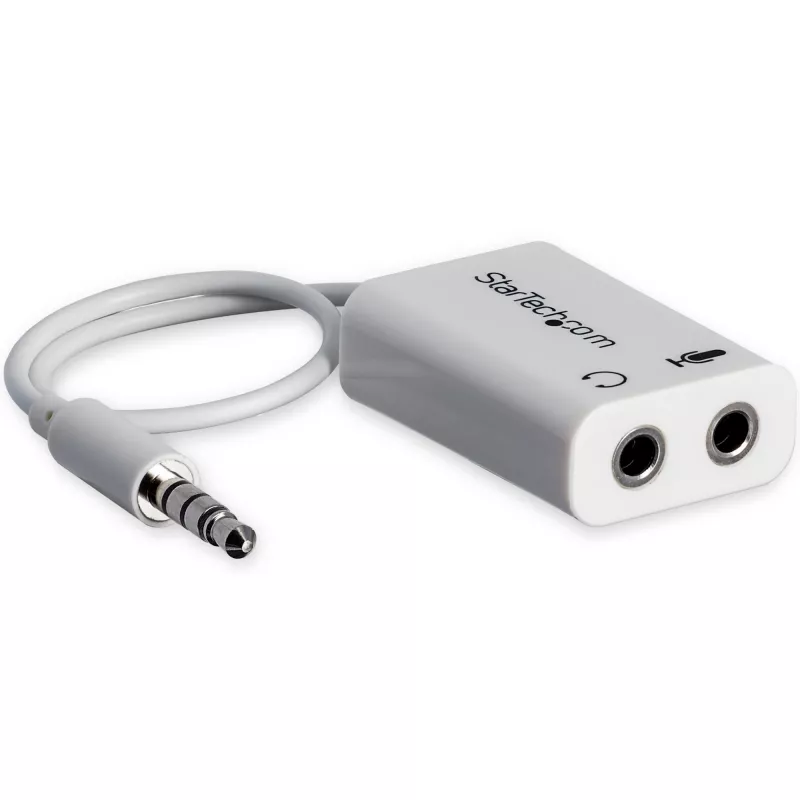 StarTech.com baltas ausinių adapteris, skirtas ausinėms su atskirais ausinių / mikrofono kištukais – 3,5 mm 4 kontaktų į 2x 3 kontaktų 3,5 mm M/F