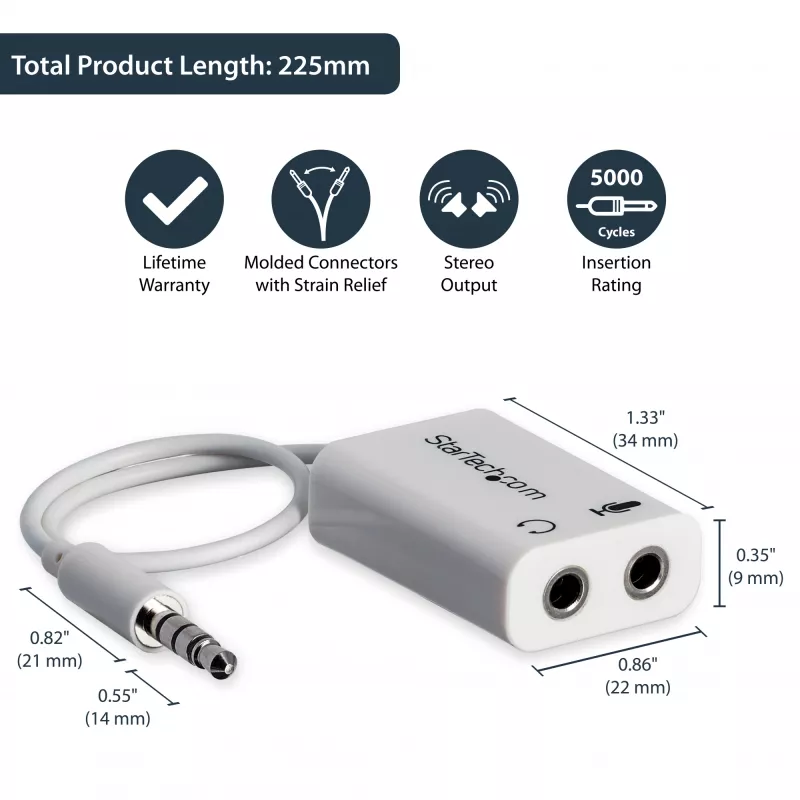 StarTech.com baltas ausinių adapteris, skirtas ausinėms su atskirais ausinių / mikrofono kištukais – 3,5 mm 4 kontaktų į 2x 3 kontaktų 3,5 mm M/F