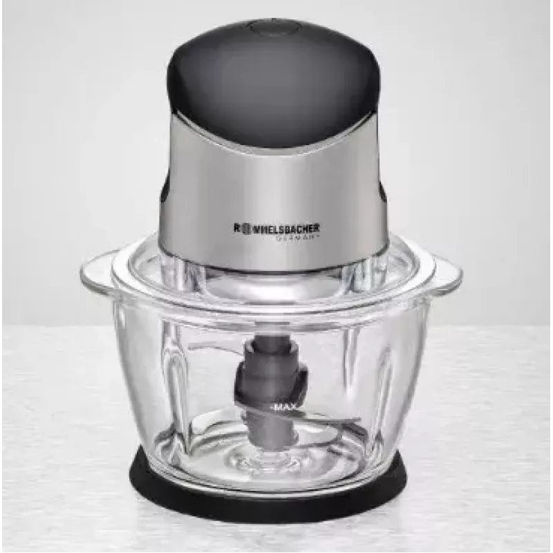 Elektrinis maisto smulkintuvas Rommelsbacher MZ 400 — 1,0 l stiklinis dubuo, 400 W, nerūdijančio plieno 4 ašmenų peilis, juodas