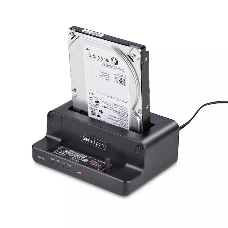 StarTech.com M.2 NVMe → 2,5/3,5 col. SATA diskų kopijavimo įrenginys, dviejų lizdų autonominė SSD klonavimo stotelė / disko dokas, dvikryptis NVMe → SATA / SATA → NVMe, iki 27 GB/min, TAA