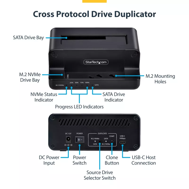 StarTech.com M.2 NVMe → 2,5/3,5 col. SATA diskų kopijavimo įrenginys, dviejų lizdų autonominė SSD klonavimo stotelė / disko dokas, dvikryptis NVMe → SATA / SATA → NVMe, iki 27 GB/min, TAA