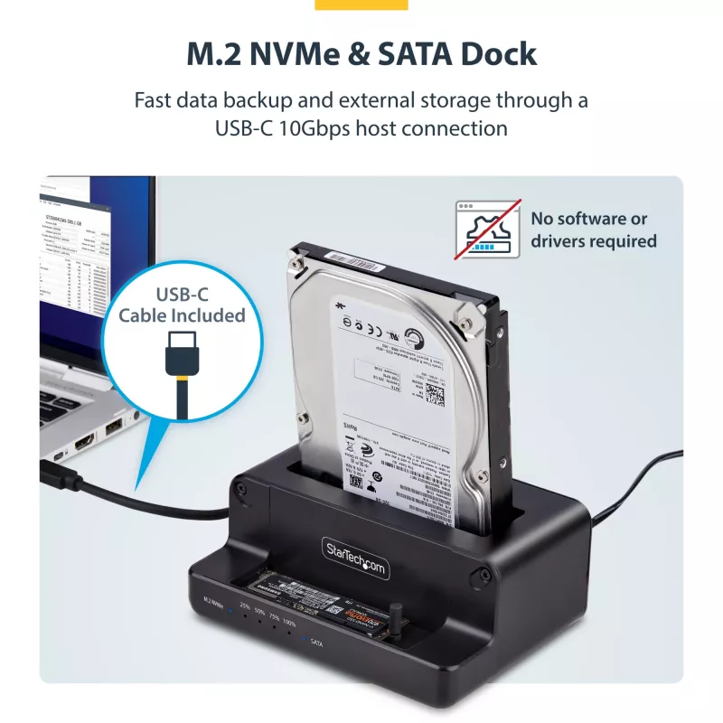 StarTech.com M.2 NVMe → 2,5/3,5 col. SATA diskų kopijavimo įrenginys, dviejų lizdų autonominė SSD klonavimo stotelė / disko dokas, dvikryptis NVMe → SATA / SATA → NVMe, iki 27 GB/min, TAA
