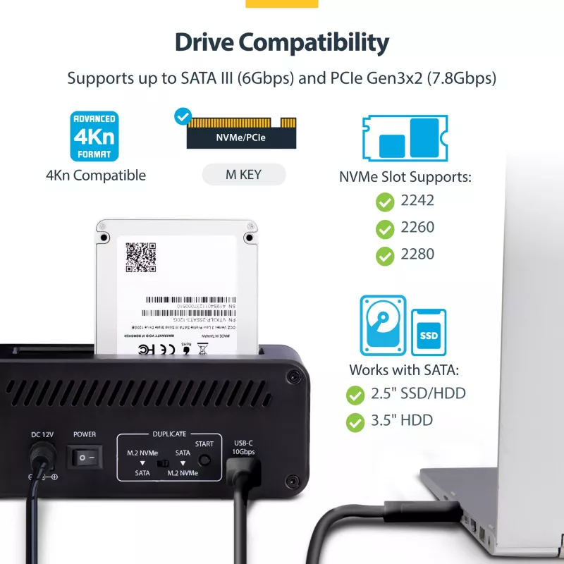 StarTech.com M.2 NVMe → 2,5/3,5 col. SATA diskų kopijavimo įrenginys, dviejų lizdų autonominė SSD klonavimo stotelė / disko dokas, dvikryptis NVMe → SATA / SATA → NVMe, iki 27 GB/min, TAA