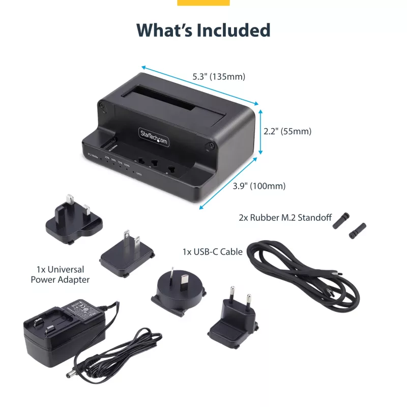 StarTech.com M.2 NVMe → 2,5/3,5 col. SATA diskų kopijavimo įrenginys, dviejų lizdų autonominė SSD klonavimo stotelė / disko dokas, dvikryptis NVMe → SATA / SATA → NVMe, iki 27 GB/min, TAA