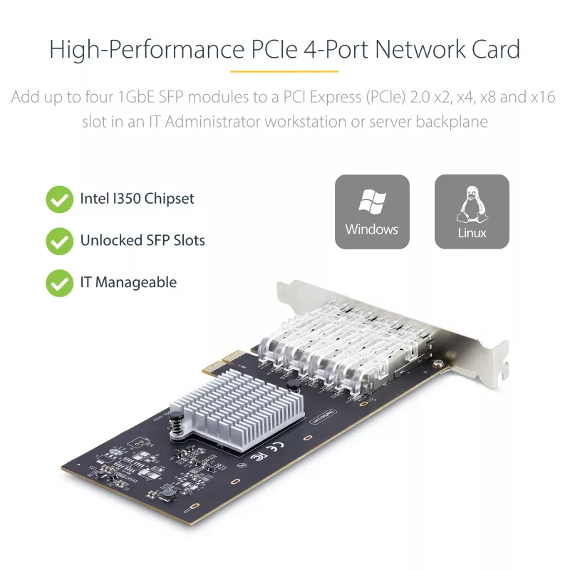StarTech.com 4 prievadų GbE SFP tinklo plokštė, PCIe 2.0 x2 (suderinama su x4, x8, x16), Intel I350-AM4 4x 1GbE valdiklis, 1000BASE vario / šviesolaidžio, staliniam / serverio keturių prievadų Gigabit Ethernet NIC – Windows ir Linux
