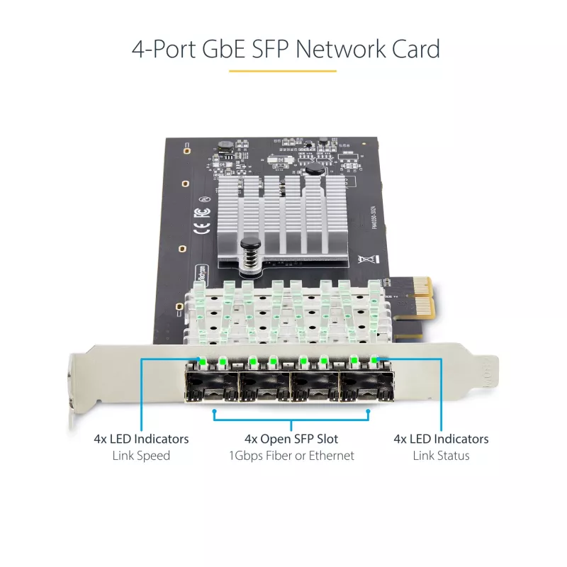 StarTech.com 4 prievadų GbE SFP tinklo plokštė, PCIe 2.0 x2 (suderinama su x4, x8, x16), Intel I350-AM4 4x 1GbE valdiklis, 1000BASE vario / šviesolaidžio, staliniam / serverio keturių prievadų Gigabit Ethernet NIC – Windows ir Linux
