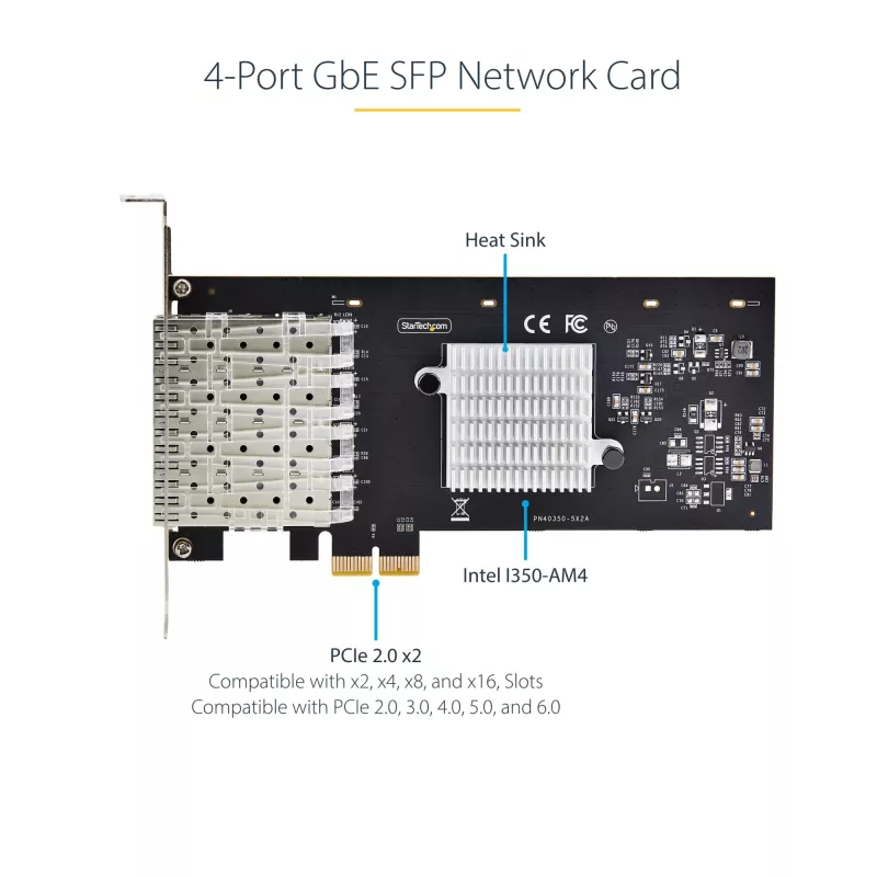 StarTech.com 4 prievadų GbE SFP tinklo plokštė, PCIe 2.0 x2 (suderinama su x4, x8, x16), Intel I350-AM4 4x 1GbE valdiklis, 1000BASE vario / šviesolaidžio, staliniam / serverio keturių prievadų Gigabit Ethernet NIC – Windows ir Linux