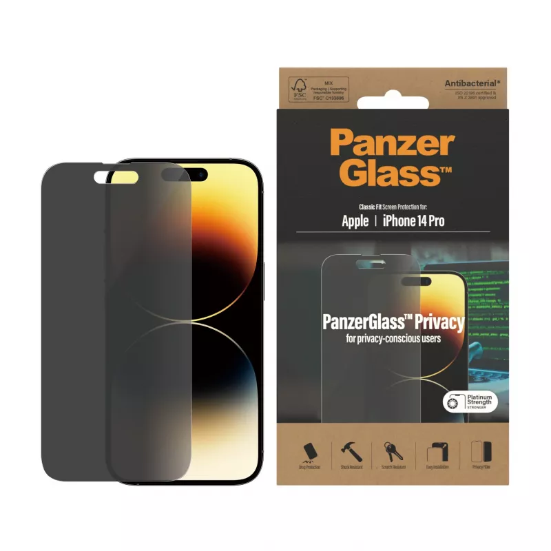 Privatumo ekrano apsauga PanzerGlass Apple iPhone 14 Pro, atspari įbrėžimams ir smūgiams