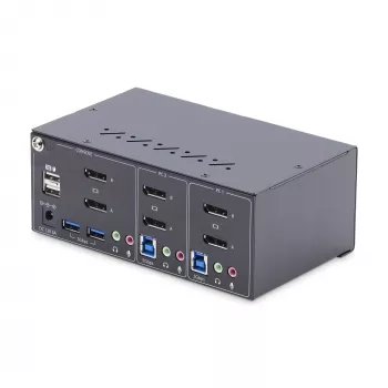 StarTech.com 2 prievadų dviejų monitorių DisplayPort KVM jungiklis, 4K 60Hz, 2x USB 5 Gbps šakotuvo prievadai, 2x USB 2.0 HID prievadai, perjungimas sparčiaisiais klavišais ir mygtuku, atitinka TAA – ESD 3 lygio apsauga