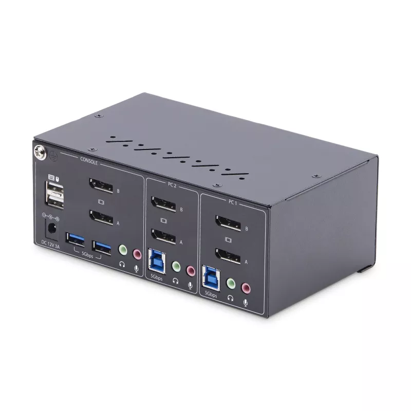 StarTech.com 2 prievadų dviejų monitorių DisplayPort KVM jungiklis, 4K 60Hz, 2x USB 5 Gbps šakotuvo prievadai, 2x USB 2.0 HID prievadai, perjungimas sparčiaisiais klavišais ir mygtuku, atitinka TAA – ESD 3 lygio apsauga