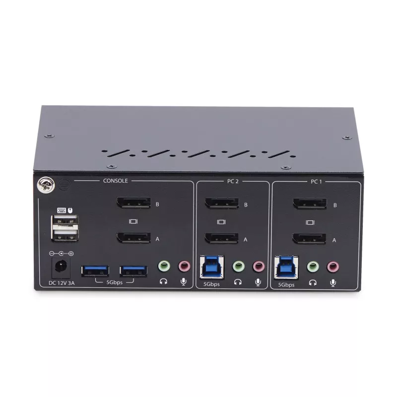StarTech.com 2 prievadų dviejų monitorių DisplayPort KVM jungiklis, 4K 60Hz, 2x USB 5 Gbps šakotuvo prievadai, 2x USB 2.0 HID prievadai, perjungimas sparčiaisiais klavišais ir mygtuku, atitinka TAA – ESD 3 lygio apsauga