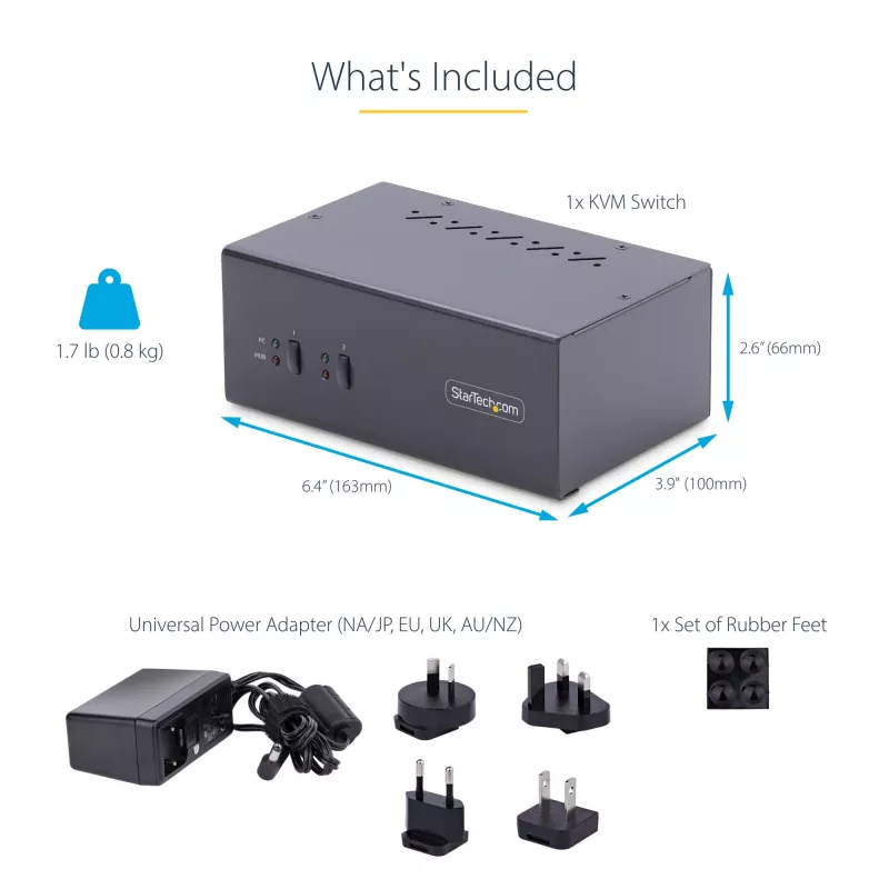 StarTech.com 2 prievadų dviejų monitorių DisplayPort KVM jungiklis, 4K 60Hz, 2x USB 5 Gbps šakotuvo prievadai, 2x USB 2.0 HID prievadai, perjungimas sparčiaisiais klavišais ir mygtuku, atitinka TAA – ESD 3 lygio apsauga