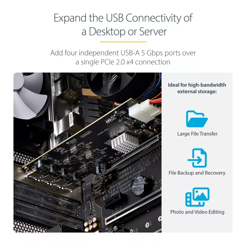 StarTech.com 4 prievadų USB PCIe kortelė, USB 3.2 5 Gbps, PCI Express plėtros kortelė su 4 nepriklausomais USB valdikliais, 4 USB-A prievadai, Windows/macOS/Linux