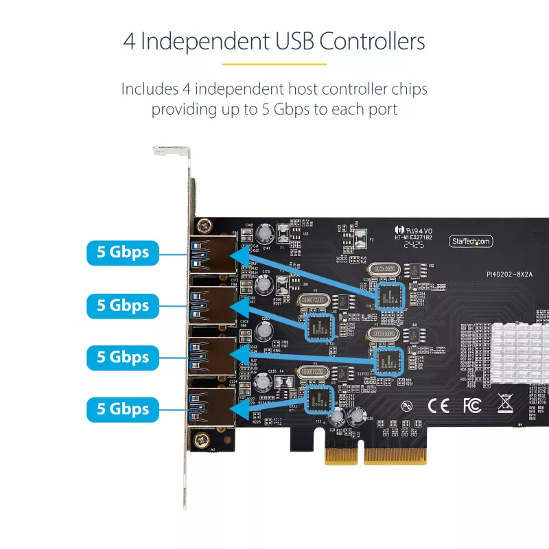 StarTech.com 4 prievadų USB PCIe kortelė, USB 3.2 5 Gbps, PCI Express plėtros kortelė su 4 nepriklausomais USB valdikliais, 4 USB-A prievadai, Windows/macOS/Linux