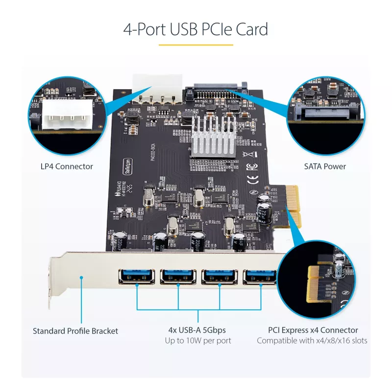 StarTech.com 4 prievadų USB PCIe kortelė, USB 3.2 5 Gbps, PCI Express plėtros kortelė su 4 nepriklausomais USB valdikliais, 4 USB-A prievadai, Windows/macOS/Linux