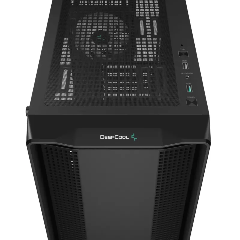 PC korpusas DeepCool CC560 V2 Midi Tower juodas — ATX/microATX, grūdintas stiklas, RGB priekinis apšvietimas, 360 mm priekinis radiatorius, 370 mm GPU