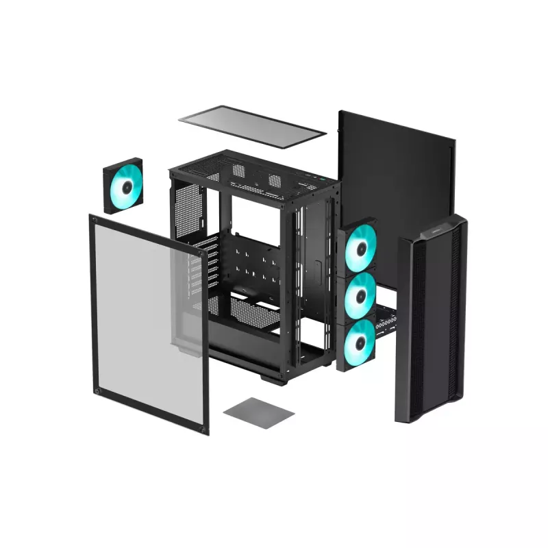 PC korpusas DeepCool CC560 V2 Midi Tower juodas — ATX/microATX, grūdintas stiklas, RGB priekinis apšvietimas, 360 mm priekinis radiatorius, 370 mm GPU