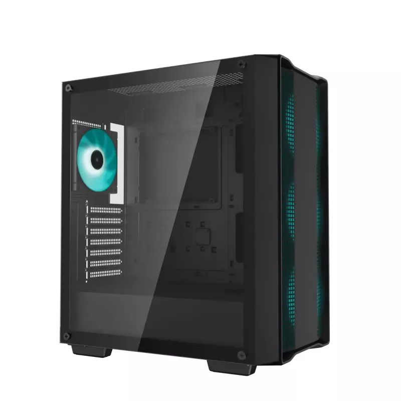 PC korpusas DeepCool CC560 V2 Midi Tower juodas — ATX/microATX, grūdintas stiklas, RGB priekinis apšvietimas, 360 mm priekinis radiatorius, 370 mm GPU