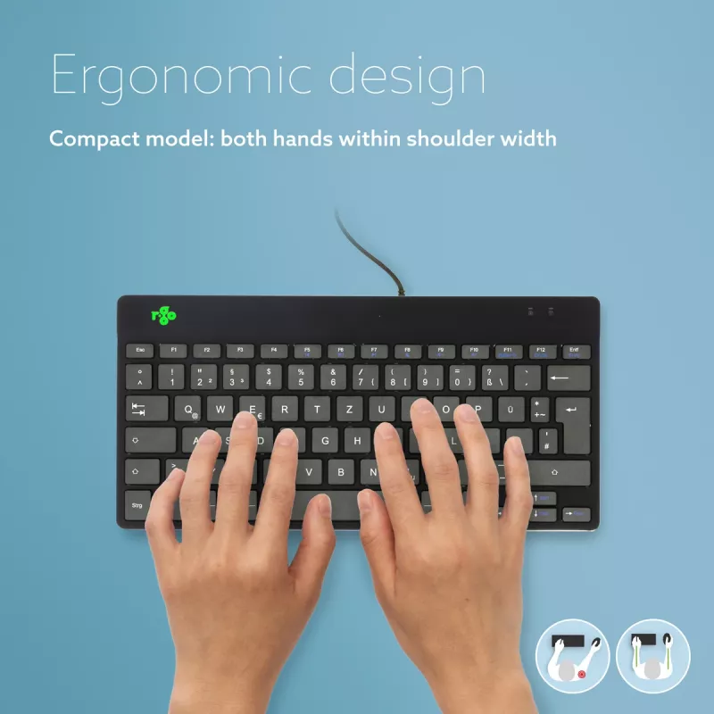 Ergonominė klaviatūra R-Go Tools R-Go Compact Break, kompaktiška klaviatūra su pertraukų programine įranga, QWERTZ (DE), laidinė, juoda