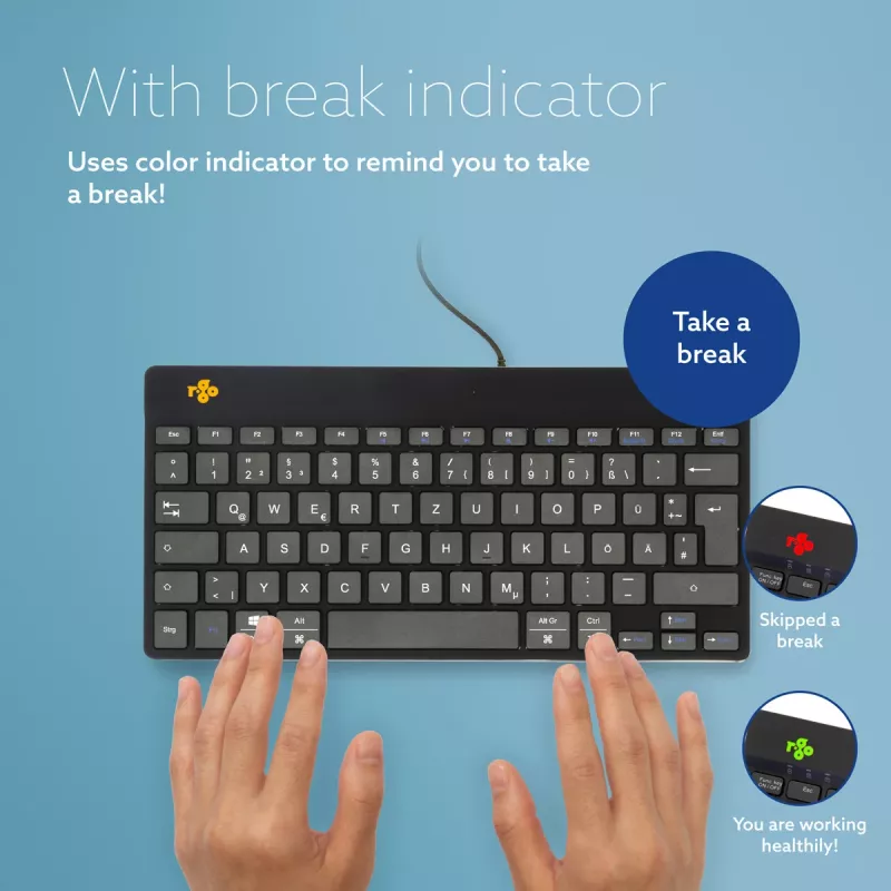 Ergonominė klaviatūra R-Go Tools R-Go Compact Break, kompaktiška klaviatūra su pertraukų programine įranga, QWERTZ (DE), laidinė, juoda
