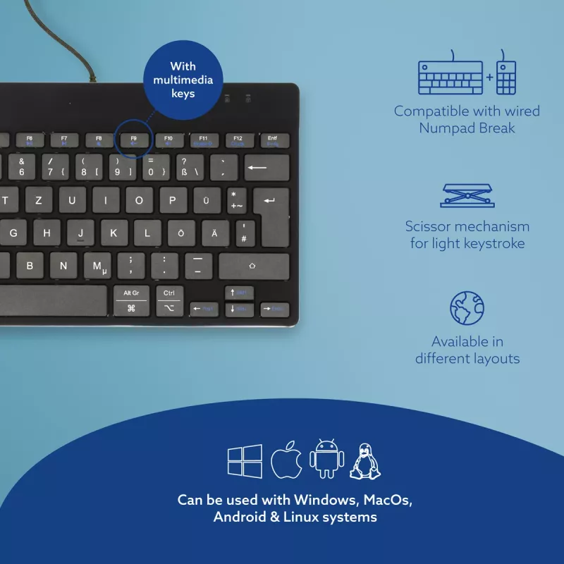 Ergonominė klaviatūra R-Go Tools R-Go Compact Break, kompaktiška klaviatūra su pertraukų programine įranga, QWERTZ (DE), laidinė, juoda
