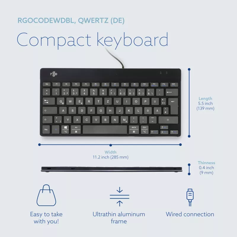 Ergonominė klaviatūra R-Go Tools R-Go Compact Break, kompaktiška klaviatūra su pertraukų programine įranga, QWERTZ (DE), laidinė, juoda