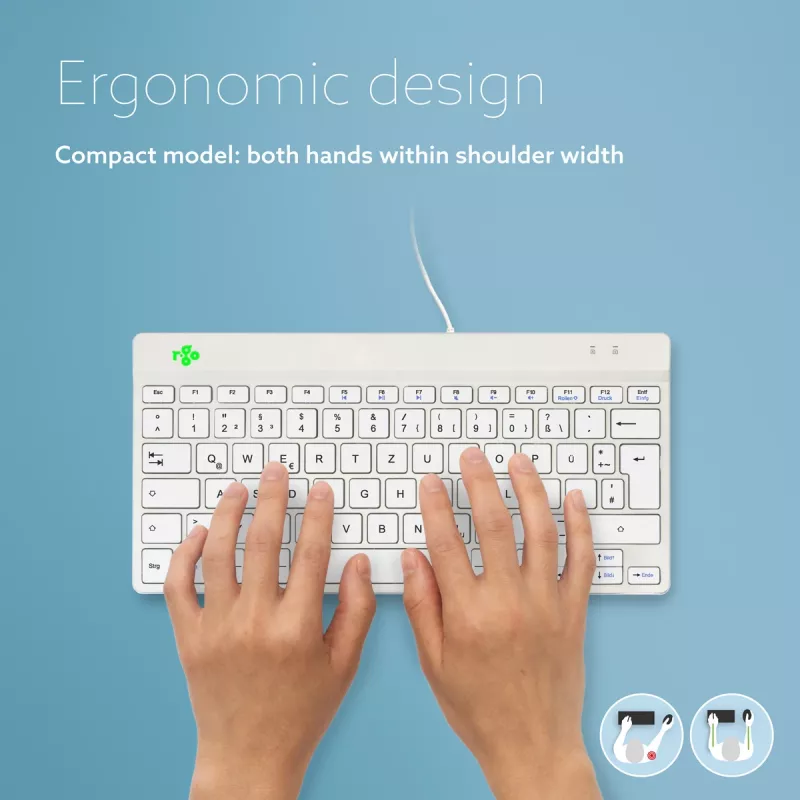 Ergonominė klaviatūra R-Go Tools R-Go Compact Break, kompaktiška klaviatūra su pertraukų programine įranga, QWERTZ (DE), laidinė, balta