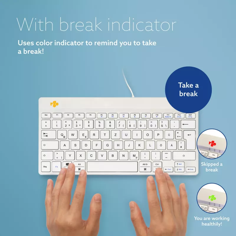 Ergonominė klaviatūra R-Go Tools R-Go Compact Break, kompaktiška klaviatūra su pertraukų programine įranga, QWERTZ (DE), laidinė, balta