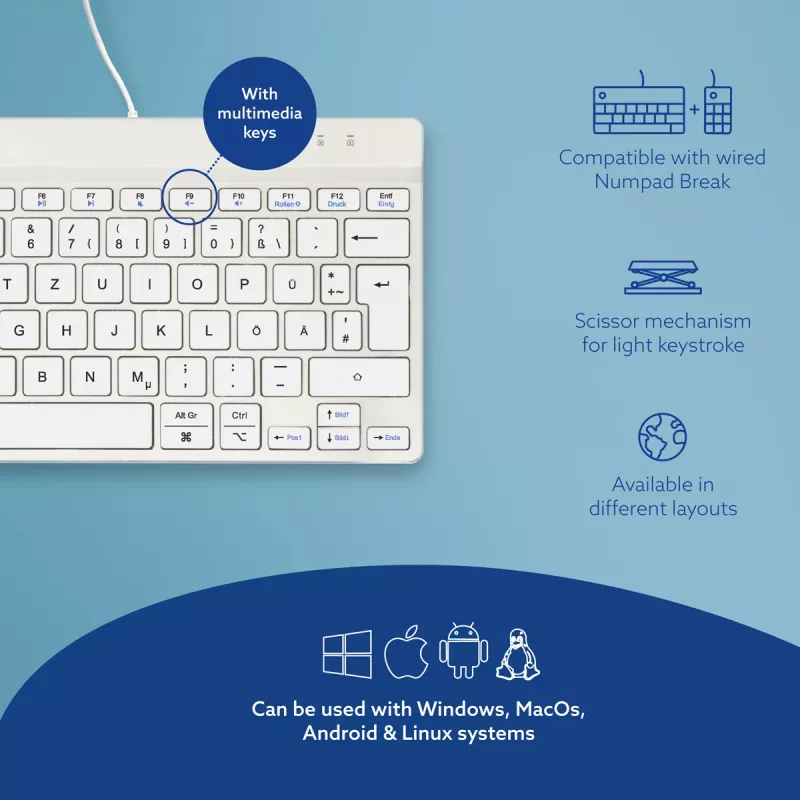 Ergonominė klaviatūra R-Go Tools R-Go Compact Break, kompaktiška klaviatūra su pertraukų programine įranga, QWERTZ (DE), laidinė, balta