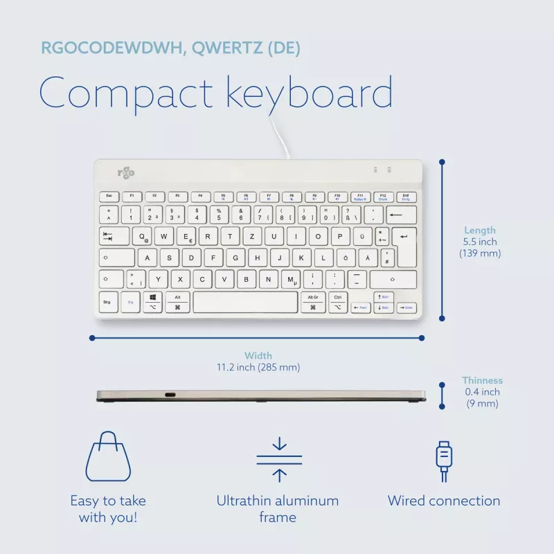 Ergonominė klaviatūra R-Go Tools R-Go Compact Break, kompaktiška klaviatūra su pertraukų programine įranga, QWERTZ (DE), laidinė, balta