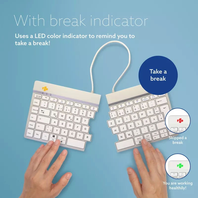 R-Go Tools Ergonominė klaviatūra R-Go Split Break su pertraukų programine įranga, ergonomiška padalinta klaviatūra, QWERTZ (DE), Bluetooth, balta
