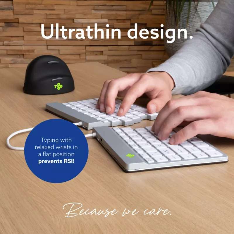 R-Go Tools Ergonominė klaviatūra R-Go Split Break su pertraukų programine įranga, ergonomiška padalinta klaviatūra, QWERTZ (DE), Bluetooth, balta