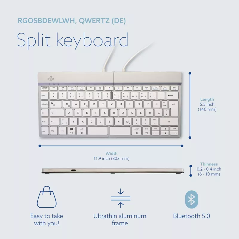 R-Go Tools Ergonominė klaviatūra R-Go Split Break su pertraukų programine įranga, ergonomiška padalinta klaviatūra, QWERTZ (DE), Bluetooth, balta