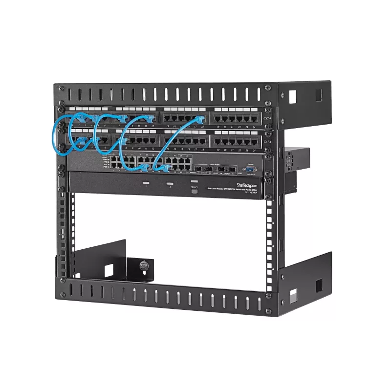 StarTech.com 8U 19 col. sieninio montavimo tinklo stovas – 12 col. gylio 2 stulpų atviras rėmas serverių patalpos stovas duomenų/AV/IT/kompiuterinei įrangai/patch panelėms su narvelio veržlėmis ir varžtais, 135 svarų talpa, juodas (RK812WALLO)