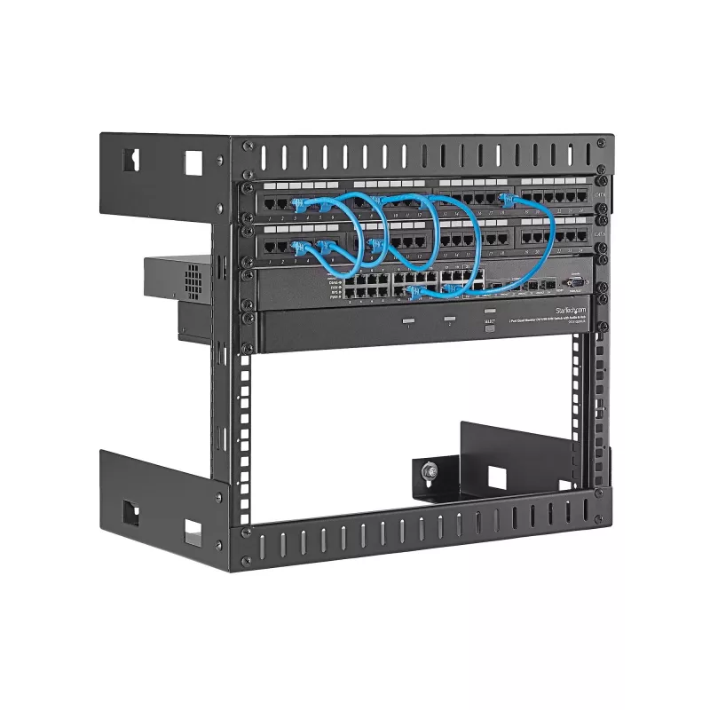 StarTech.com 8U 19 col. sieninio montavimo tinklo stovas – 12 col. gylio 2 stulpų atviras rėmas serverių patalpos stovas duomenų/AV/IT/kompiuterinei įrangai/patch panelėms su narvelio veržlėmis ir varžtais, 135 svarų talpa, juodas (RK812WALLO)