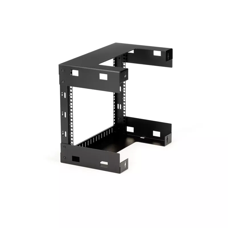 StarTech.com 8U 19 col. sieninio montavimo tinklo stovas – 12 col. gylio 2 stulpų atviras rėmas serverių patalpos stovas duomenų/AV/IT/kompiuterinei įrangai/patch panelėms su narvelio veržlėmis ir varžtais, 135 svarų talpa, juodas (RK812WALLO)