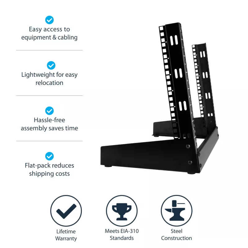 StarTech.com 2 stulpų 8U stalinis serverio stovas, mažas atviras rėmas 19 colių kompiuterio stovas, kompaktiškas tinklo stovas AV / studijos / duomenų / IT įrangai - laisvai stovintis dviejų stulpų namų / biuro stovas