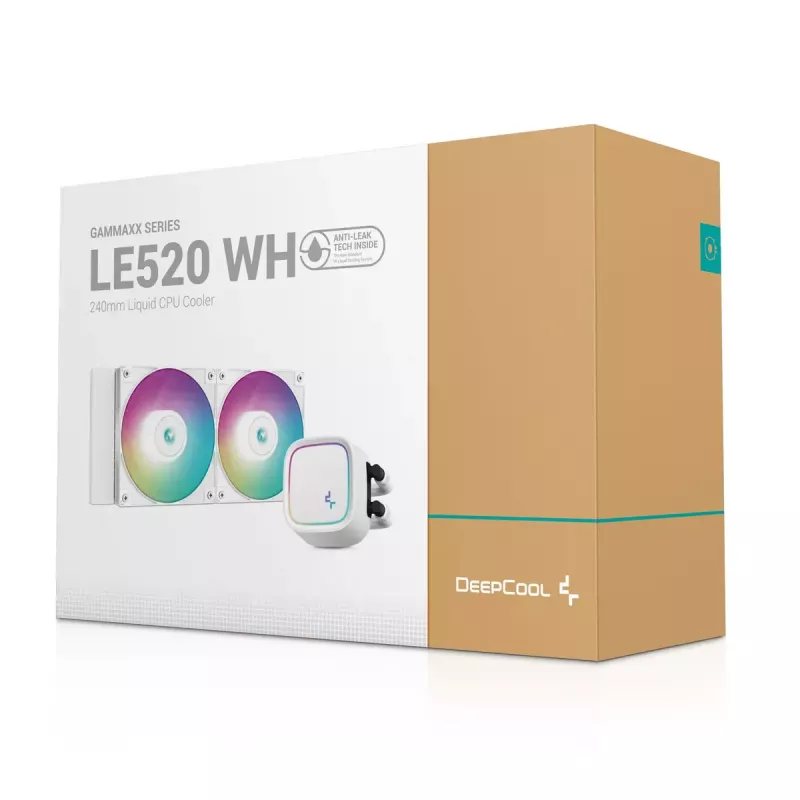„DeepCool LE520 WH“ – universalus skysčio aušintuvas, 120 mm ventiliatorius, 220 W TDP, baltas, LGA 1150/1151/1155/1200/1700 ir AM4/AM5 palaikymas