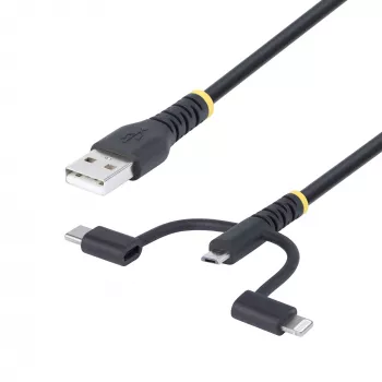 StarTech.com 1 m patikimas USB kelių įkrovimų kabelis, USB į Lightning/Micro-USB/USB-C, Apple MFi sertifikuotas, aramidinis apvalkalas, universalus 3-in-1 USB įkrovimo laidas, skirtas iPhone/iPad/Android