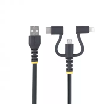 StarTech.com 1 m patikimas USB kelių įkrovimų kabelis, USB į Lightning/Micro-USB/USB-C, Apple MFi sertifikuotas, aramidinis apvalkalas, universalus 3-in-1 USB įkrovimo laidas, skirtas iPhone/iPad/Android