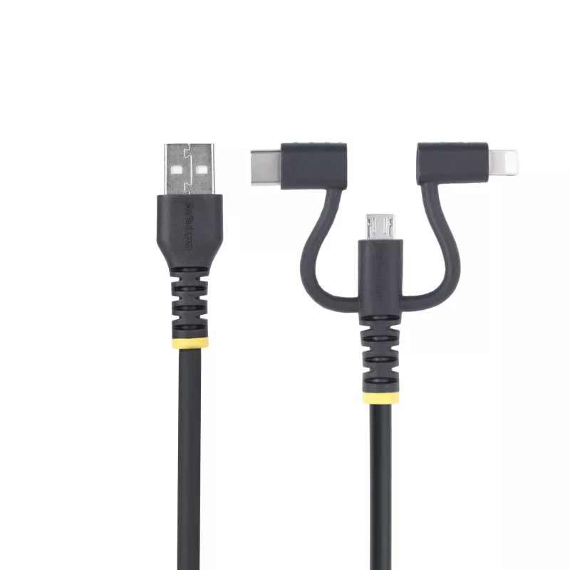 StarTech.com 1 m patikimas USB kelių įkrovimų kabelis, USB į Lightning/Micro-USB/USB-C, Apple MFi sertifikuotas, aramidinis apvalkalas, universalus 3-in-1 USB įkrovimo laidas, skirtas iPhone/iPad/Android