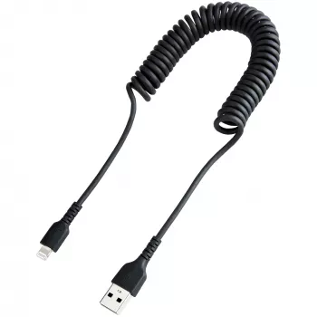 StarTech.com 1m (3 pėd.) USB į Lightning laidas, MFi sertifikuotas, spiralinis iPhone įkrovimo laidas, juodas, patvarus TPE apvalkalas, aramidinis pluoštas, tvirtas spiralinis Lightning laidas